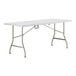 A white rectangular Lancaster Table & Seating bi-folding table with black metal legs.