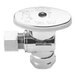 A chrome plated Oatey angle stop valve with a round metal nut.