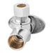 A chrome plated Oatey 1/4-turn angle water stop valve with a silver metal nut on a metal pipe.