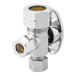 A silver metal Oatey 1/4-turn dual-outlet water stop valve with a gold and chrome handle.