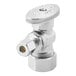 A chrome plated Oatey 1/4-Turn Angle Water Stop Valve with a silver pipe and nut.