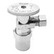 A chrome plated Oatey 1/4-turn angle stop valve with a round knob on a silver pipe.
