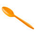 A close up of a Choice medium weight plastic teaspoon with an orange handle.