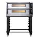 A Moretti Forni double deck pizza oven on a stand with wheels.