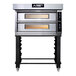 A Moretti Forni electric double deck pizza oven with glass doors on a stand.