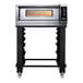 A silver Moretti Forni pizza oven on a stand with wheels.