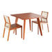 A Lancaster Table & Seating Virelli tigerwood table with two wooden chairs next to it.