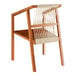 A Lancaster Table & Seating Virelli Brazilian wood outdoor arm chair with a white and tan woven seat.
