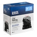 A blue and white box with a black plastic bag with drawstrings.