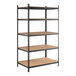 A black heavy-duty boltless shelving unit with five particleboard shelves and metal uprights.