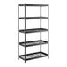 A black metal five-shelf boltless wire shelving unit with Z-beam construction and 72-inch uprights.