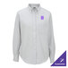 A women's light gray long sleeve oxford dress shirt with a button-down collar, chest pocket, and customizable logo on the left chest.