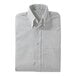 A folded Edwards men's gray striped dress shirt with a pocket and a button.