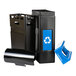 A black rectangular recycling bin with a blue recycle sign on the front.