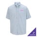 A men's extra large blue striped short sleeve button-up dress shirt with a customizable logo on the chest pocket.