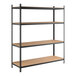 A black heavy-duty boltless shelving unit with four particleboard shelves and tall uprights.