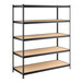 A black metal shelving unit with five particle board shelves and 72-inch uprights.