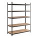 A black heavy-duty boltless shelving unit with five particleboard shelves and metal uprights.