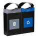 A blue and black Commercial Zone Avante recycling receptacle with blue canopy tops.