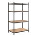 A black heavy-duty boltless shelving unit with four particleboard shelves and metal uprights.