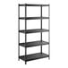 A black five-shelf boltless laminate shelving unit with metal uprights.