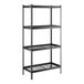A black metal four-shelf boltless wire shelving unit with Z-beam construction and 72-inch uprights.