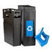 A black rectangular recycling bin with a blue recycle sign.
