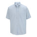 A medium men's blue and white striped Oxford dress shirt with short sleeves.