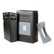 A close-up of a grey and black Commercial Zone Avante trash bin.