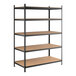 A black heavy-duty boltless shelving unit with five particleboard shelves and metal uprights.