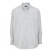 A close up of the button on a light gray Edwards Oxford dress shirt.