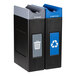 A black and blue rectangular trash can with two white rectangles and a gray rectangle with a white rectangle.