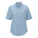 A women's Edwards blue short sleeve Oxford dress shirt on a mannequin.