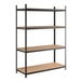 A black heavy-duty boltless shelving unit with four particleboard shelves and tall metal uprights.