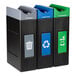A group of Commercial Zone Avante rectangular recycling bins in green, blue, and black with recycling symbols.