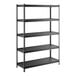 A black five-shelf boltless laminate shelving unit with metal uprights.