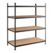 A black heavy-duty boltless shelving unit with four particleboard shelves and metal uprights.