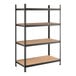 A black heavy-duty boltless shelving unit with four particleboard shelves and 72-inch uprights.