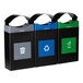 A group of Commercial Zone Avante three stream recycling bins with blue, gray, and green lids.
