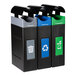 A blue, black, and green Commercial Zone Avante three stream recycle bin next to a black and grey trash can with canopy tops.