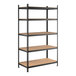 A black heavy-duty boltless shelving unit with five particleboard shelves and tall metal uprights.