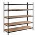 A black heavy-duty boltless shelving unit with five particleboard shelves and metal uprights.