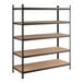 A black heavy-duty boltless shelving unit with five particleboard shelves and metal uprights.
