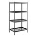 A black metal 4-shelf boltless wire shelving unit with Z-beam construction and 72-inch uprights.