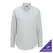 A women's gray striped long sleeve button-up dress shirt with a customizable logo on the chest.