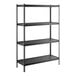 A black metal 4-shelf boltless laminate shelving unit with Z-beam construction and 72-inch uprights.