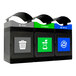 A blue, green, and gray rectangular trash can with canopy tops and white recycling, compost, and trash logos.