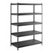 A black five-shelf boltless laminate shelving unit with metal uprights.