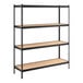 A black metal shelving unit with four particle board shelves and 72-inch uprights.