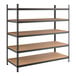 A black heavy-duty five-shelf boltless shelving unit with particleboard shelves and metal uprights.